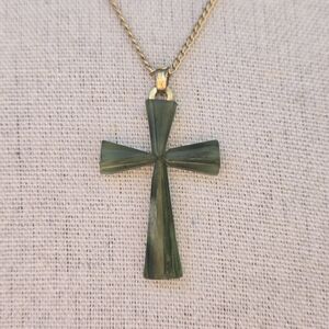 Jade Vintage Cross Necklace 2" Pendant Charm.